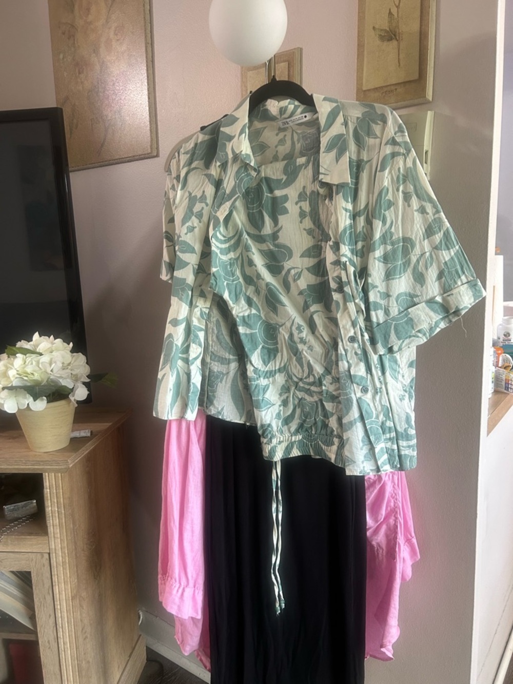 Zara Green Leaf Print Short Sleeve Shirt